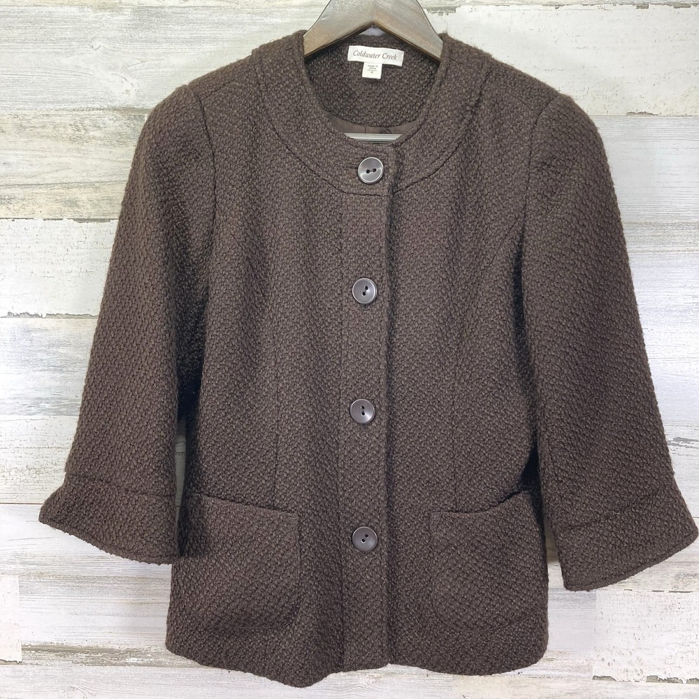 Coldwater Creek Womens Brown Wool Blend Textured Lined Button Blazer Jacket Sz 4